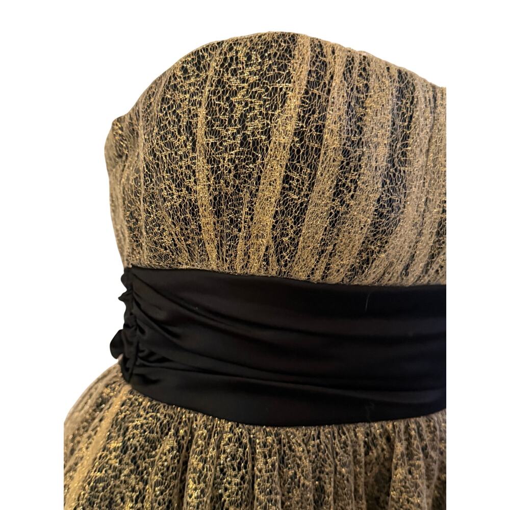Mystic Strapless Gold Lace Cocktail Dress Black Sash Belt Fit & Flare Bow Small - Picture 5 of 7